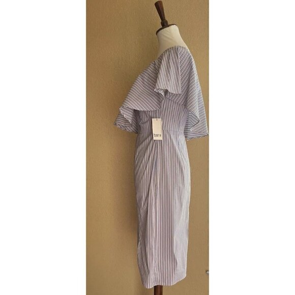 BAR III $80 Blue Striped Ruffled Slitted Dress One Shoulder Cotton Size S - Picture 8 of 10